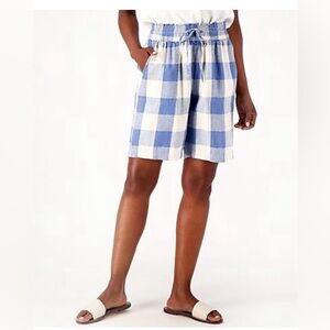 Denim & Co. plaid linen blend smocked waiston short. In eggshell blue size 1x